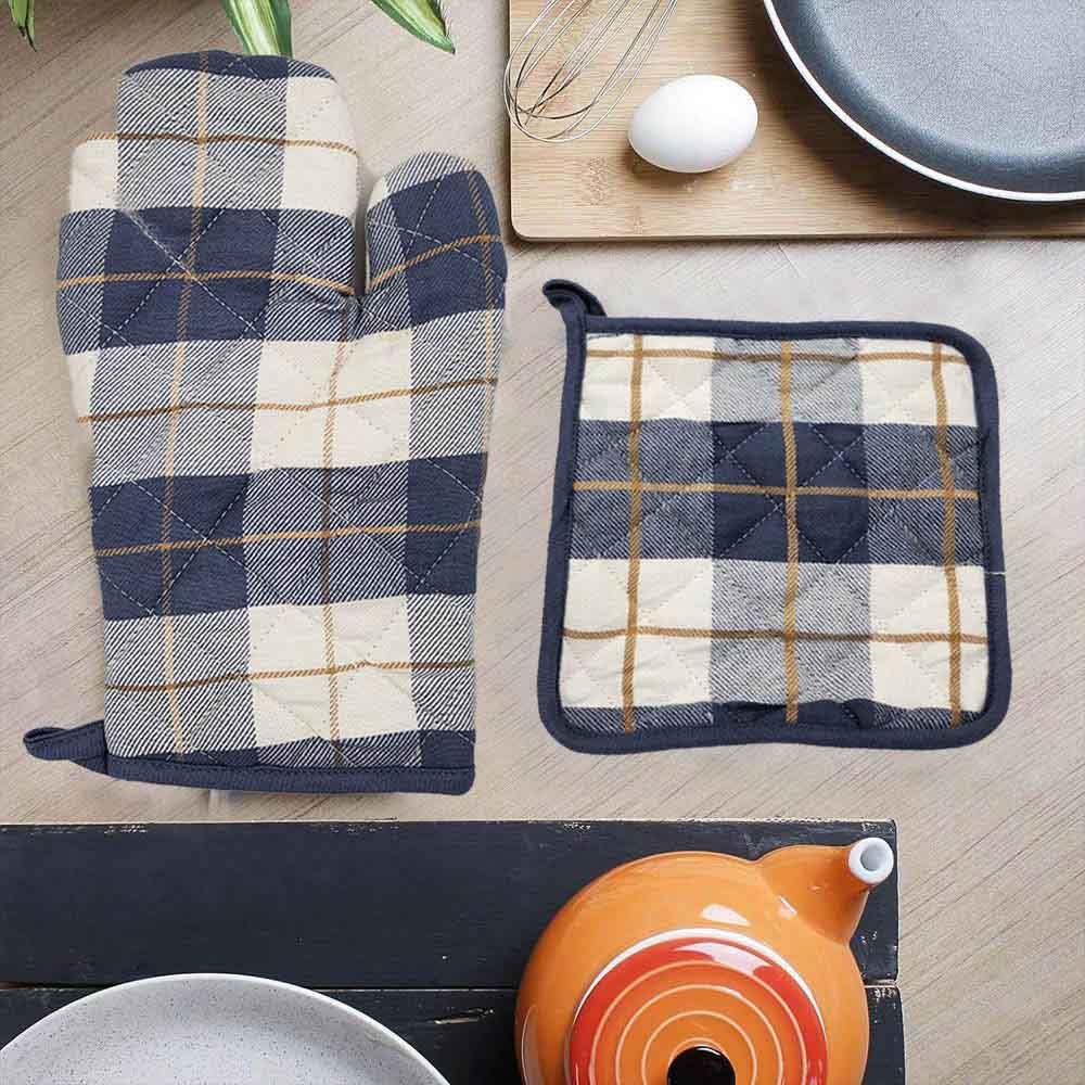 BYFT - Orchard Checkered Glove And Pot Holder - Denim Blue/Caramel - 2pcs