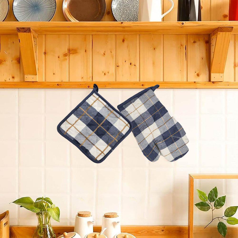 BYFT - Orchard Checkered Glove And Pot Holder - Denim Blue/Caramel - 2pcs