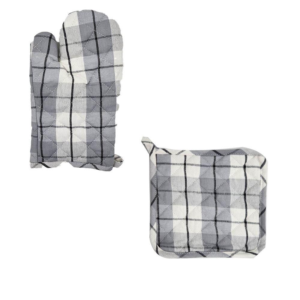 BYFT - Orchard Checkered Glove And Pot Holder - Light Grey/White - 2pcs