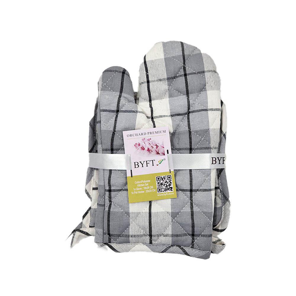 BYFT - Orchard Checkered Glove And Pot Holder - Light Grey/White - 2pcs