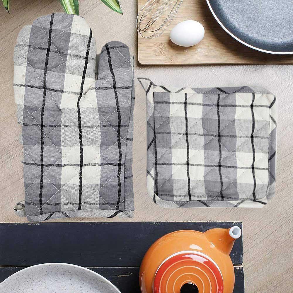 BYFT - Orchard Checkered Glove And Pot Holder - Light Grey/White - 2pcs