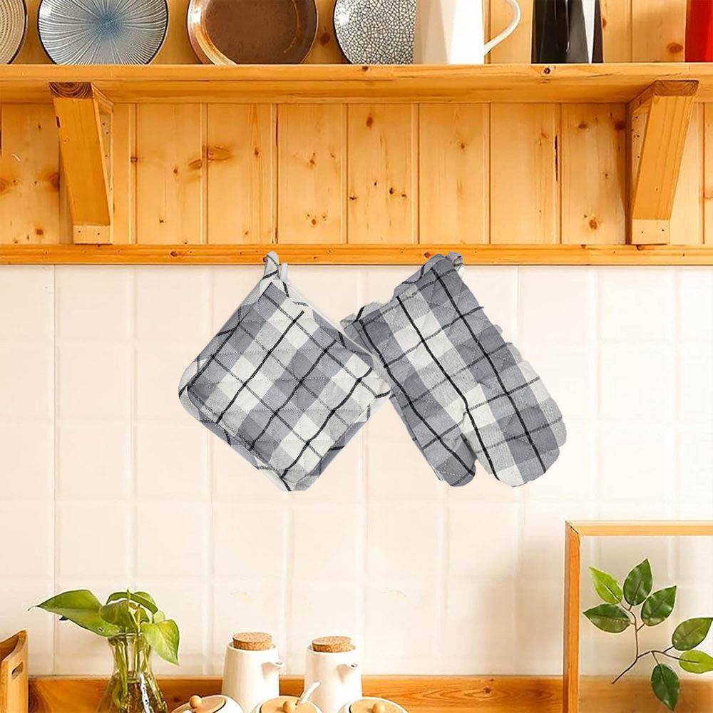 BYFT - Orchard Checkered Glove And Pot Holder - Light Grey/White - 2pcs