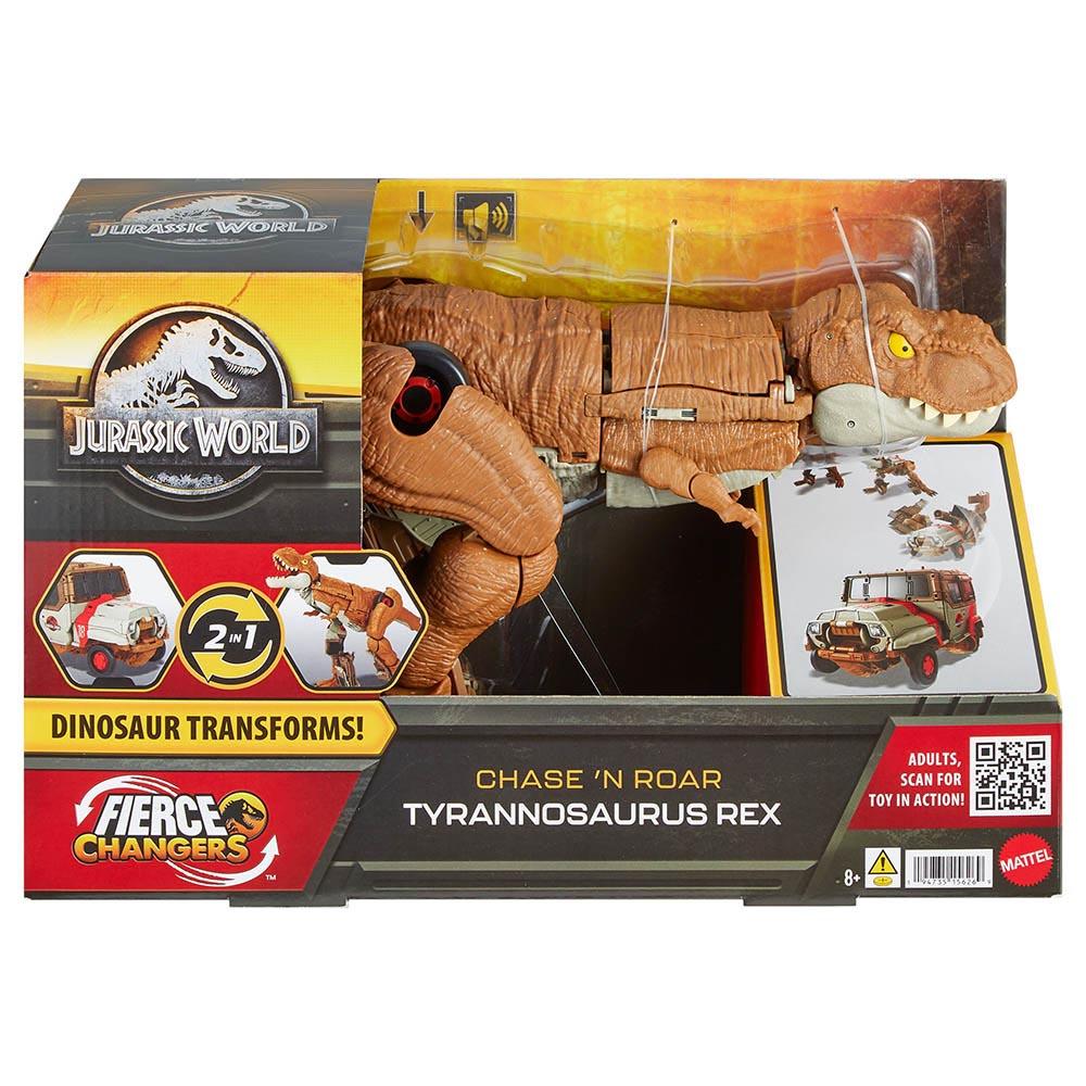 Mattel Games - Jurassic World Fierce Changers Dinosaur Figure - Chase 'N Roar T.Rex - Brown