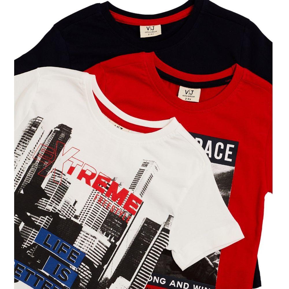 Victor and Jane - Junior Boys T-shirt - Pack of 3 - White/Navy/Red