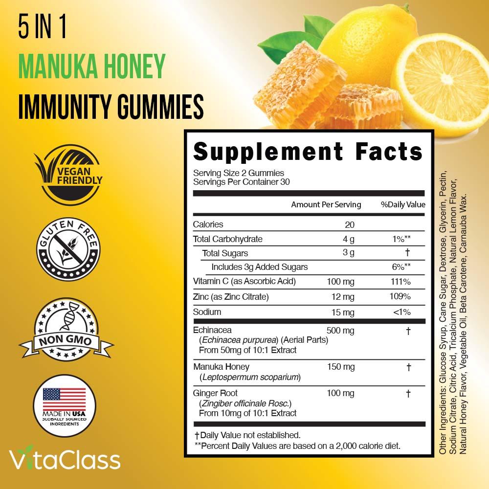 Vitaclass - 5-in-1 Manuka Honey Immunity Gummies For Adults - 60's