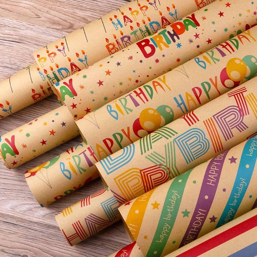 Long Sun - Happy Birthday Star Printed Kraft Wrapping Paper - 6pcs