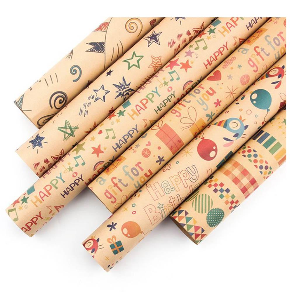 Long Sun - Happy Birthday w/ Bird Printed Kraft Wrapping Paper - 6pcs