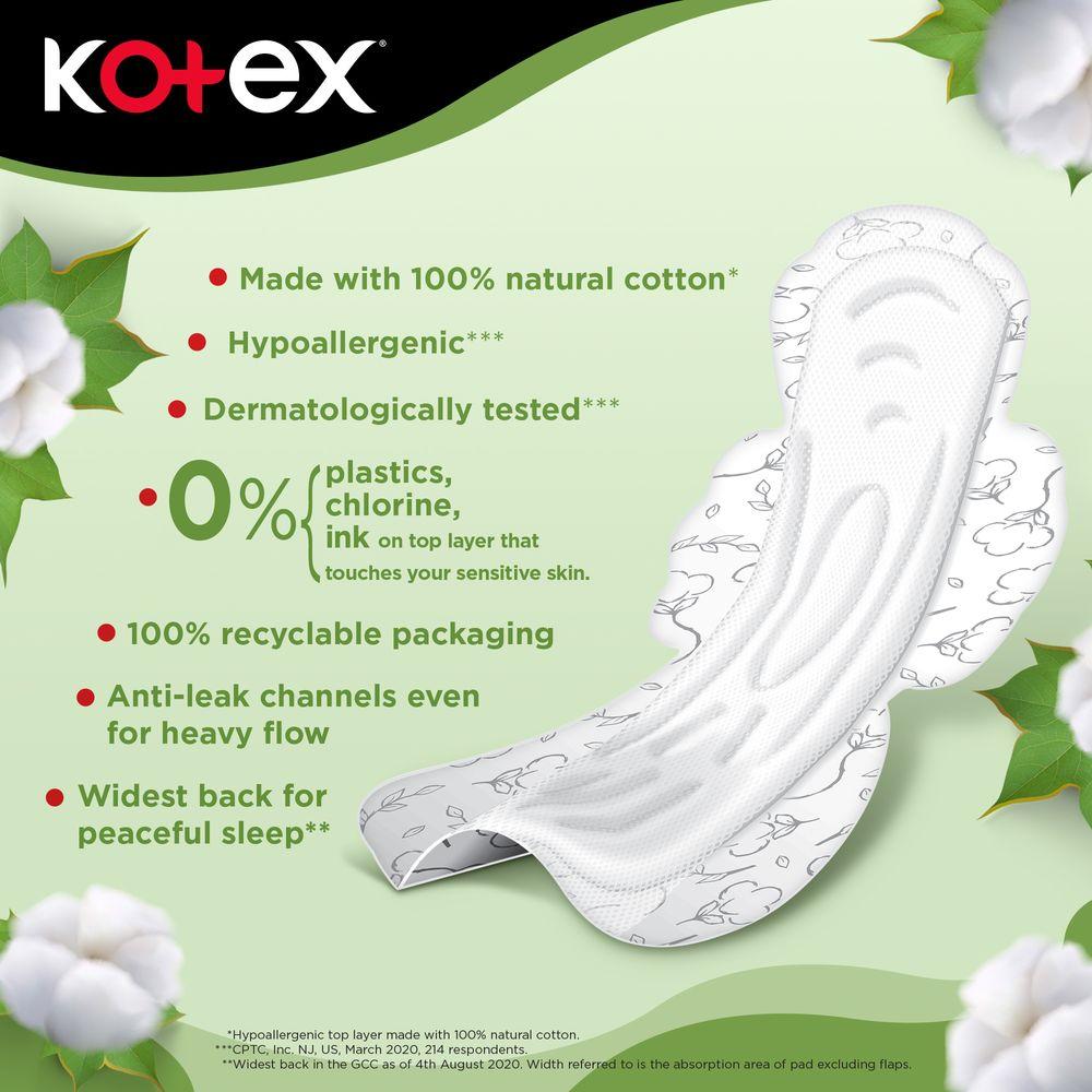 Kotex - Natural Maxi Protect Thick Pads, 100% Cotton Pad, Overnight Protection Sanitary Pads with Wings, 22 Sanitary Pads