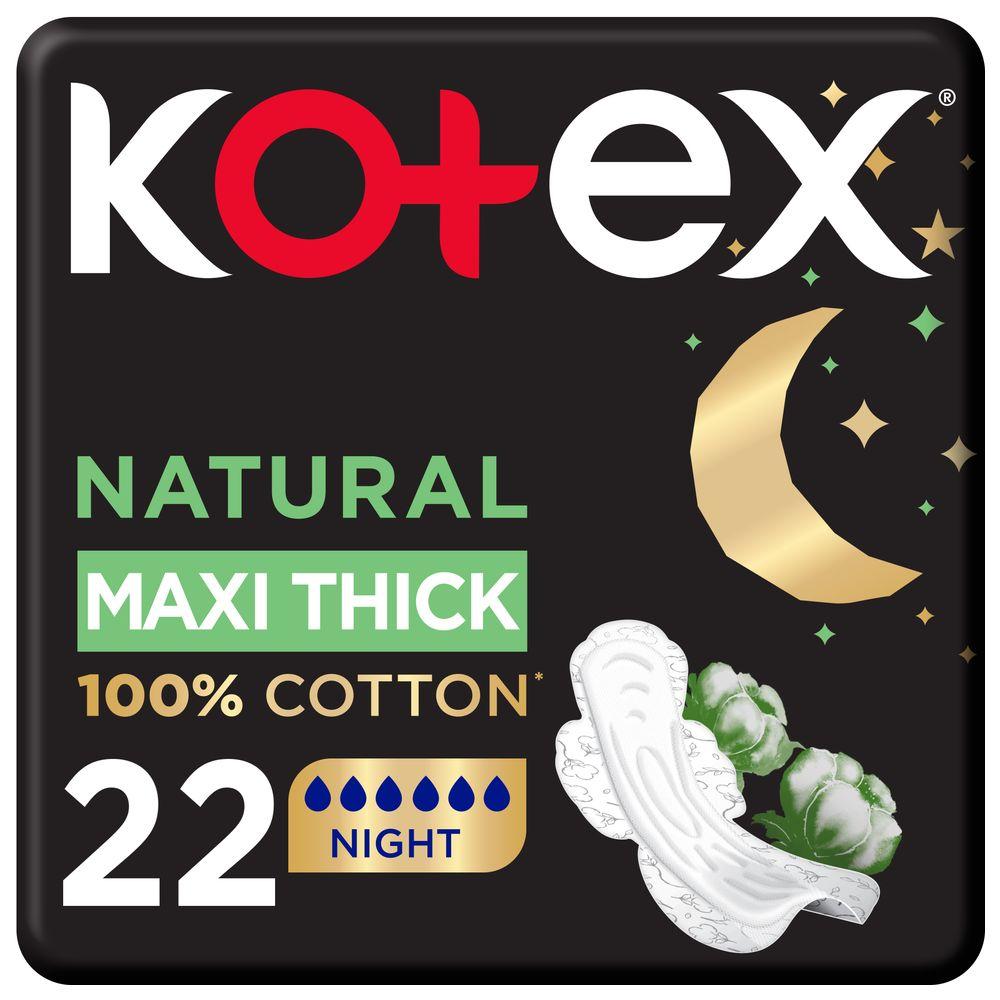 Kotex - Natural Maxi Protect Thick Pads, 100% Cotton Pad, Overnight Protection Sanitary Pads with Wings, 22 Sanitary Pads